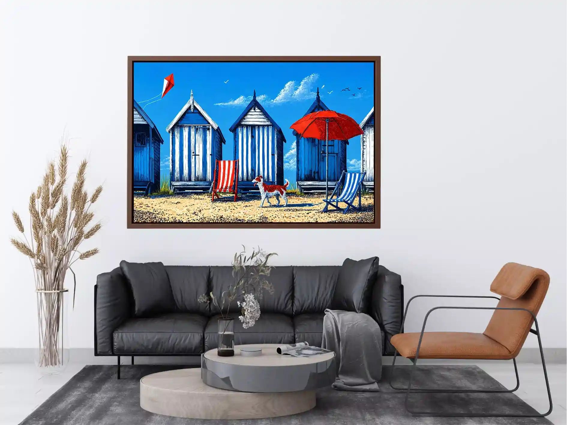 coastal beach huts illustration blue cabins seaside Canvas Print canvas