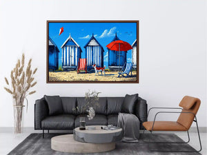 coastal beach huts illustration blue cabins seaside Canvas Print canvas
