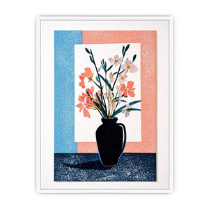 minimalist floral vase Canvas Print, pastel botanical print modern decor, japandi flower vase illustration, scandinavian still life artwork, soft pink blue floral canvas