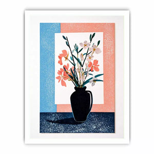 minimalist floral vase Canvas Print, pastel botanical print modern decor, japandi flower vase illustration, scandinavian still life artwork, soft pink blue floral canvas
