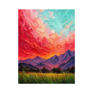 abstract sunset landscape Canvas Print, textured sky painting canvas, red sky mountain artwork, expressive landscape painting modern decor, colorful abstract nature art