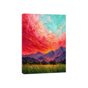 abstract sunset landscape Canvas Print, textured sky painting canvas, red sky mountain artwork, expressive landscape painting modern decor, colorful abstract nature art