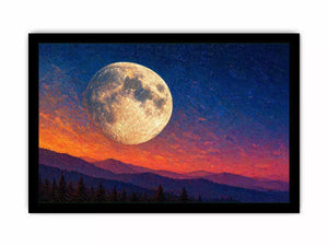 moon landscape wall art, full moon sky canvas print, night sky mountain artwork, celestial moon painting modern decor, dramatic sky moon illustration
