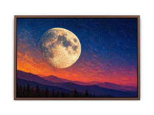 moon landscape wall art, full moon sky canvas print, night sky mountain artwork, celestial moon painting modern decor, dramatic sky moon illustration