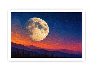 moon landscape wall art, full moon sky canvas print, night sky mountain artwork, celestial moon painting modern decor, dramatic sky moon illustration
