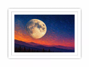 moon landscape wall art, full moon sky canvas print, night sky mountain artwork, celestial moon painting modern decor, dramatic sky moon illustration