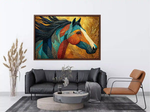 luxury horse Canvas Print, ornate horse portrait canvas, gold textured horse painting, modern animal artwork decor, stylized horse illustration print