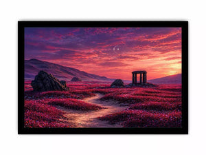 surreal landscape Canvas Print pink sky, dreamy desert ruins canvas, fantasy sunset field artwork, aesthetic pink landscape print, mystical nature wall decor