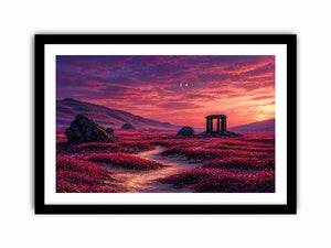 surreal landscape Canvas Print pink sky, dreamy desert ruins canvas, fantasy sunset field artwork, aesthetic pink landscape print, mystical nature wall decor