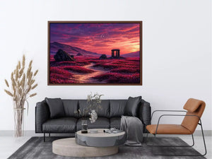 surreal landscape Canvas Print pink sky, dreamy desert ruins canvas, fantasy sunset field artwork, aesthetic pink landscape print, mystical nature wall decor