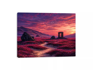 surreal landscape Canvas Print pink sky, dreamy desert ruins canvas, fantasy sunset field artwork, aesthetic pink landscape print, mystical nature wall decor