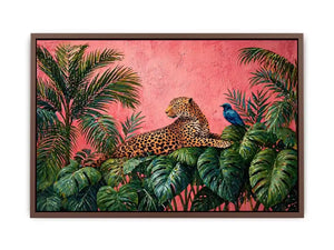 tropical leopard Canvas Print pink jungle, exotic animal Canvas Print, jungle leaves leopard artwork, pink botanical wildlife decor, modern tropical animal illustration