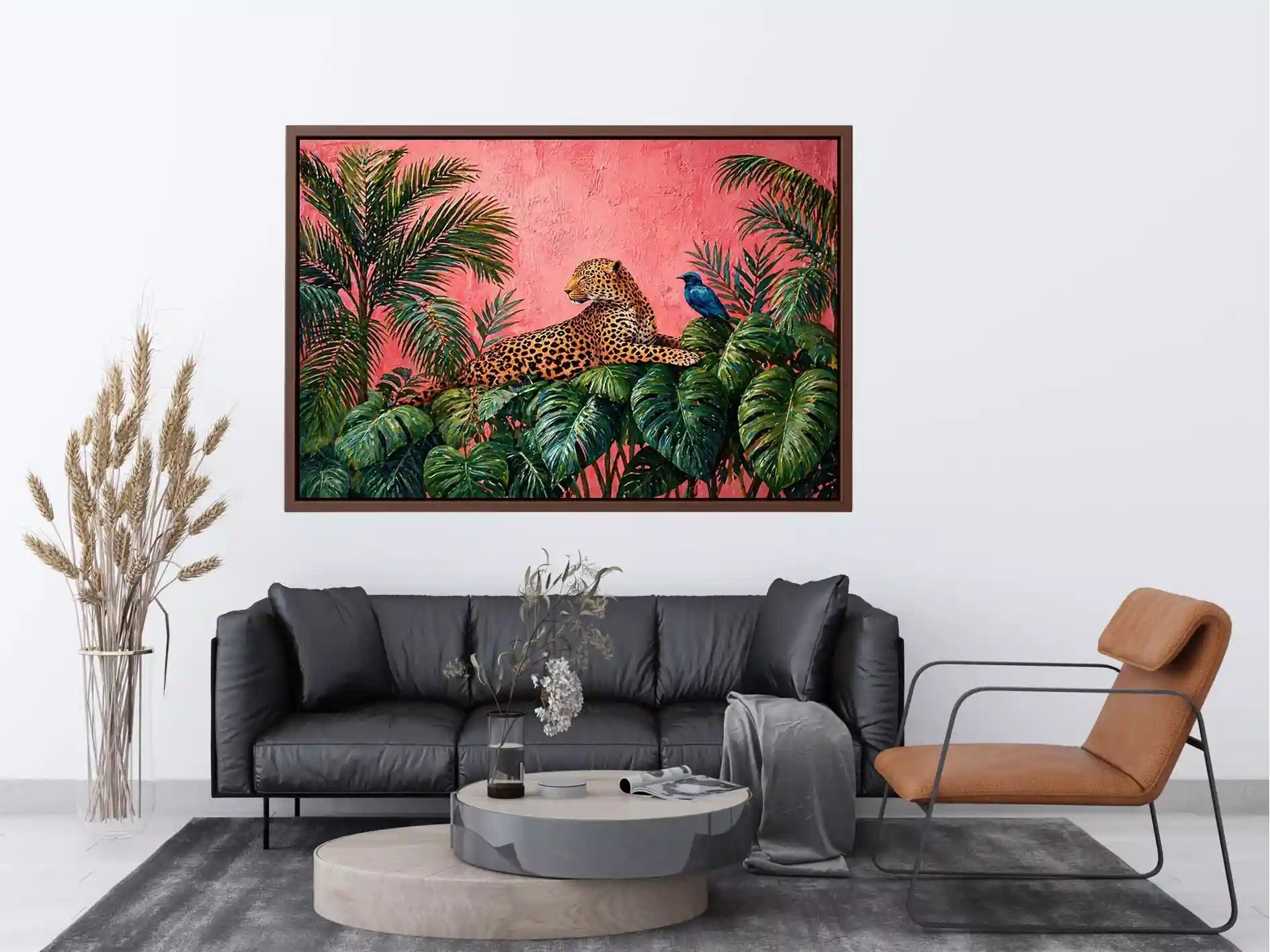 tropical leopard Canvas Print pink jungle, exotic animal Canvas Print, jungle leaves leopard artwork, pink botanical wildlife decor, modern tropical animal illustration