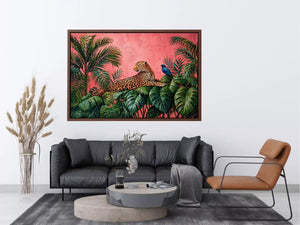 tropical leopard Canvas Print pink jungle, exotic animal Canvas Print, jungle leaves leopard artwork, pink botanical wildlife decor, modern tropical animal illustration