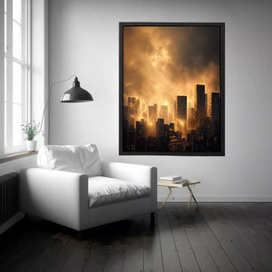 city skyline Canvas Print golden fog, modern urban landscape Canvas Print, cinematic cityscape artwork, foggy skyline modern decor, glowing city buildings Canvas Print