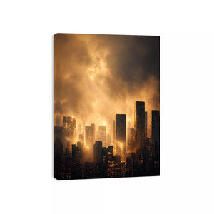 city skyline Canvas Print golden fog, modern urban landscape Canvas Print, cinematic cityscape artwork, foggy skyline modern decor, glowing city buildings Canvas Print