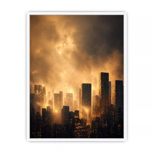 city skyline Canvas Print golden fog, modern urban landscape Canvas Print, cinematic cityscape artwork, foggy skyline modern decor, glowing city buildings Canvas Print