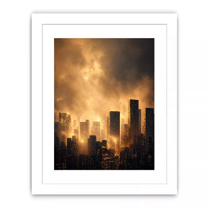 city skyline Canvas Print golden fog, modern urban landscape Canvas Print, cinematic cityscape artwork, foggy skyline modern decor, glowing city buildings Canvas Print