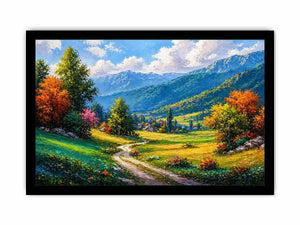 colorful landscape Canvas Print impressionist valley, scenic nature painting path artwork, vibrant countryside canvas decor, mountain landscape painting Canvas Print
