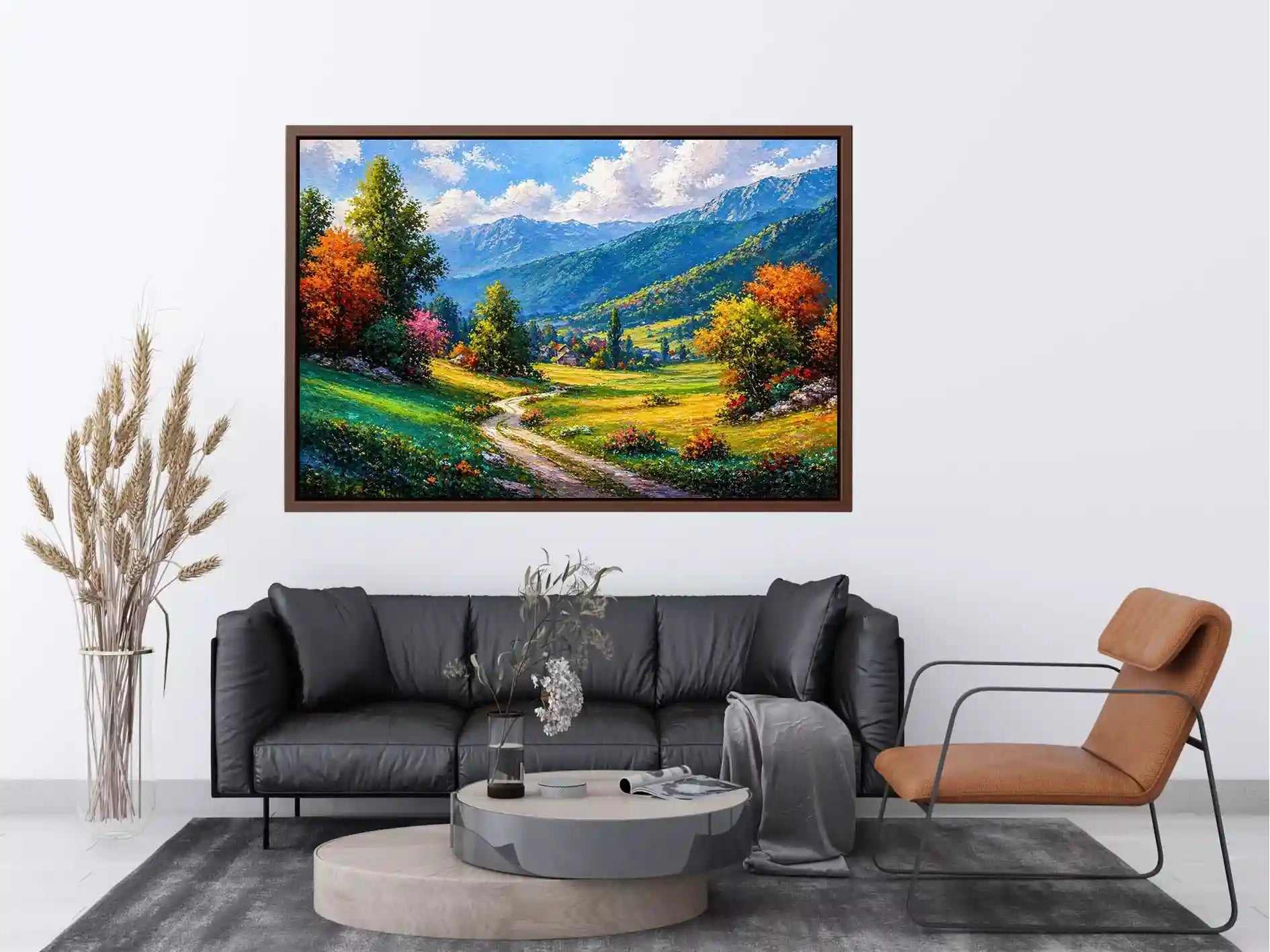colorful landscape Canvas Print impressionist valley, scenic nature painting path artwork, vibrant countryside canvas decor, mountain landscape painting Canvas Print