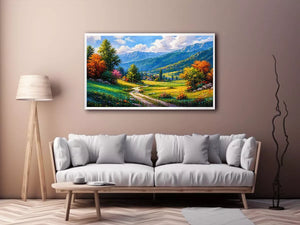 colorful landscape Canvas Print impressionist valley, scenic nature painting path artwork, vibrant countryside canvas decor, mountain landscape painting Canvas Print