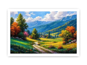 colorful landscape Canvas Print impressionist valley, scenic nature painting path artwork, vibrant countryside canvas decor, mountain landscape painting Canvas Print
