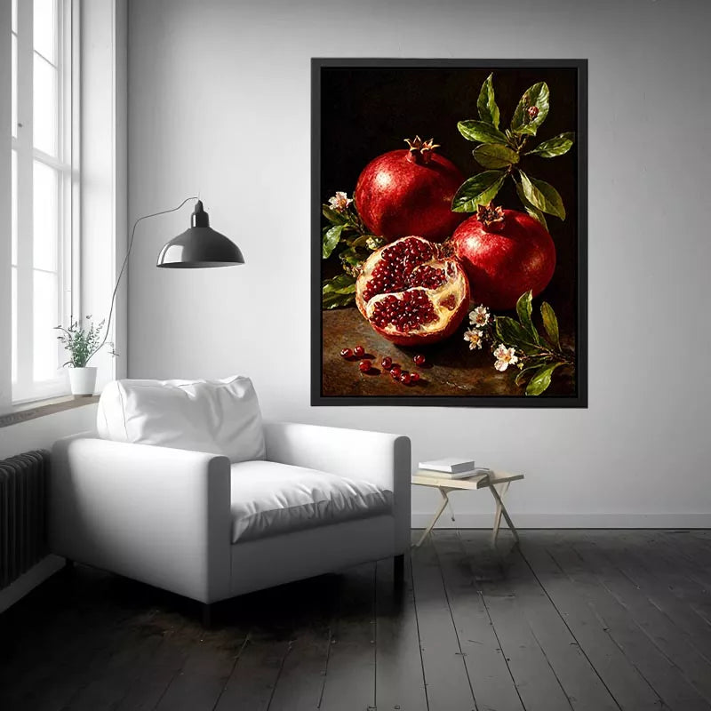 pomegranate still life wall art oil painting fruit, classic fruit painting canvas decor, red pomegranate artwork traditional still life