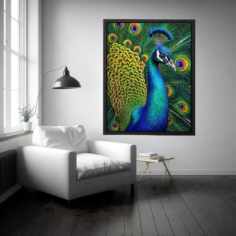 peacock close up Canvas Print colorful feathers, vibrant bird painting Canvas Print, detailed peacock feather artwork modern decor, luxury peacock illustration