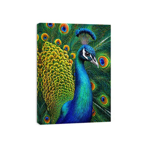 peacock close up Canvas Print colorful feathers, vibrant bird painting Canvas Print, detailed peacock feather artwork modern decor, luxury peacock illustration
