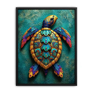 colorful turtle Canvas Print coastal decor canvas, decorative sea turtle artwork vibrant modern design, marine turtle illustration teal gold wall decor, tropical ocean animal Canvas Print