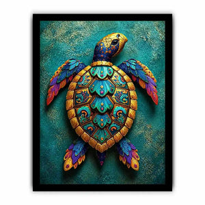 colorful turtle Canvas Print coastal decor canvas, decorative sea turtle artwork vibrant modern design, marine turtle illustration teal gold wall decor, tropical ocean animal Canvas Print