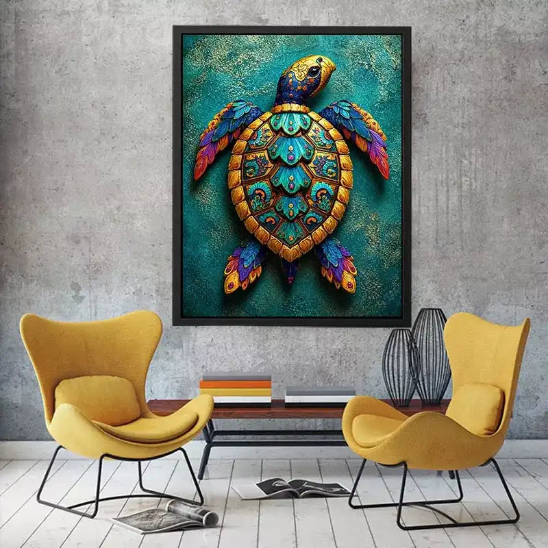 colorful turtle Canvas Print coastal decor canvas, decorative sea turtle artwork vibrant modern design, marine turtle illustration teal gold wall decor, tropical ocean animal Canvas Print