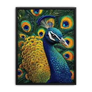 peacock Canvas Print canvas colorful feathers, luxury blue gold peacock artwork, vibrant bird canvas wall decor, detailed peacock feather painting