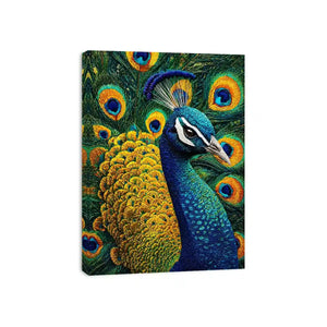 peacock Canvas Print canvas colorful feathers, luxury blue gold peacock artwork, vibrant bird canvas wall decor, detailed peacock feather painting