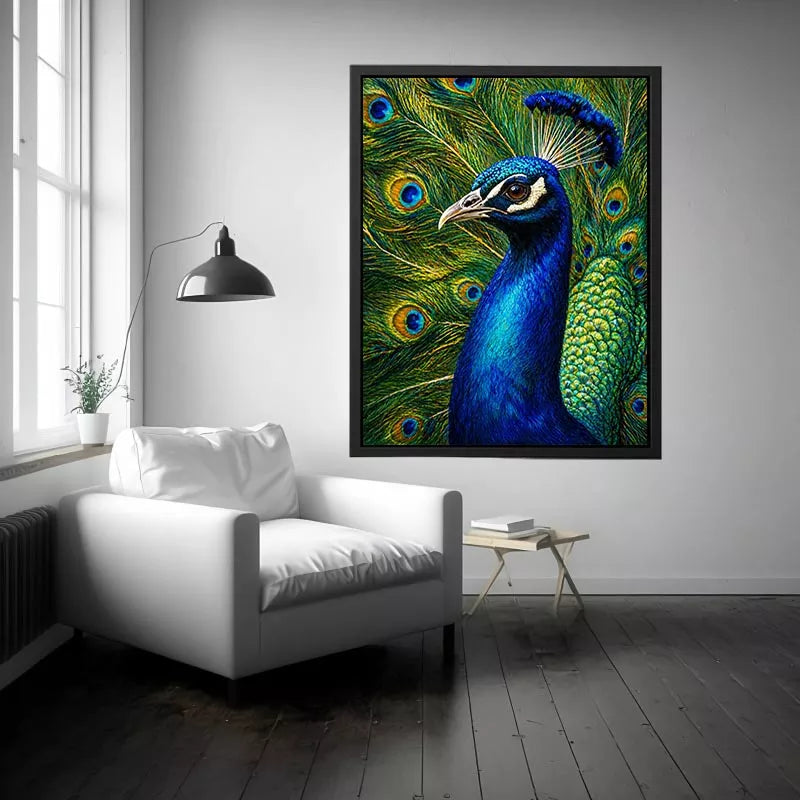 Vibrant peacock Canvas Print with detailed blue and gold feathers