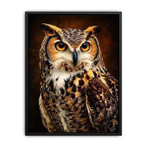 Realistic owl Canvas Print with glowing golden eyes and detailed feathers