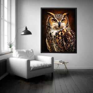 Realistic owl Canvas Print with glowing golden eyes and detailed feathers