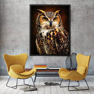 Realistic owl Canvas Print with glowing golden eyes and detailed feathers