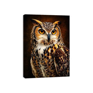 Realistic owl Canvas Print with glowing golden eyes and detailed feathers