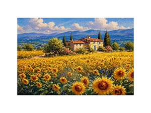Impressionist sunflower field with rustic villa landscape Canvas Print canvas