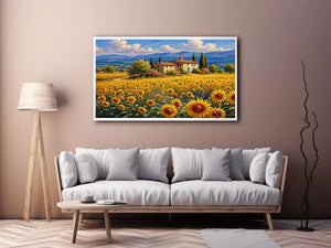 Impressionist sunflower field with rustic villa landscape Canvas Print canvas
