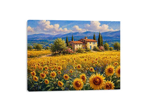 Impressionist sunflower field with rustic villa landscape Canvas Print canvas