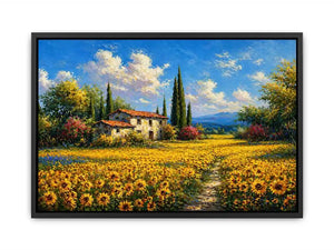 Impressionist sunflower field with rustic house canvas wall art