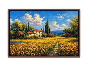 Impressionist sunflower field with rustic house canvas wall art