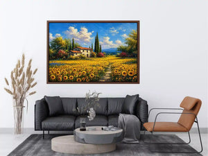 Impressionist sunflower field with rustic house canvas wall art