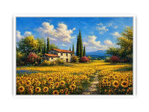 Impressionist sunflower field with rustic house canvas wall art