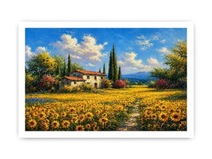 Impressionist sunflower field with rustic house canvas wall art