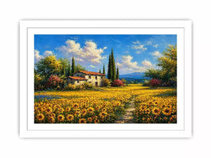 Impressionist sunflower field with rustic house canvas wall art