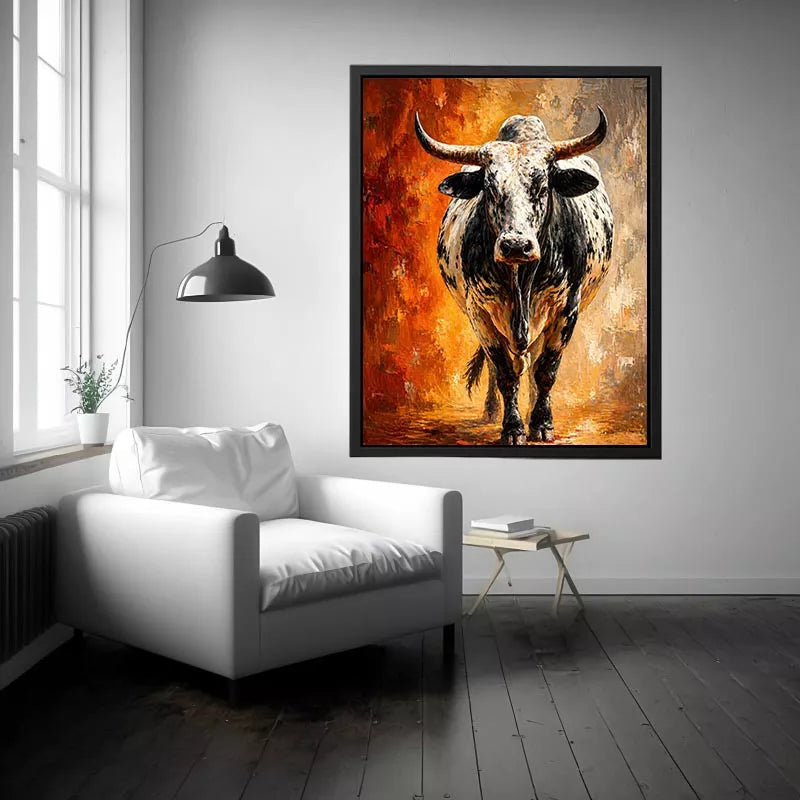 modern bull painting Canvas Print textured animal canvas orange background decor