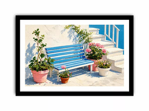 mediterranean bench Canvas Print coastal blue white canvas floral decor